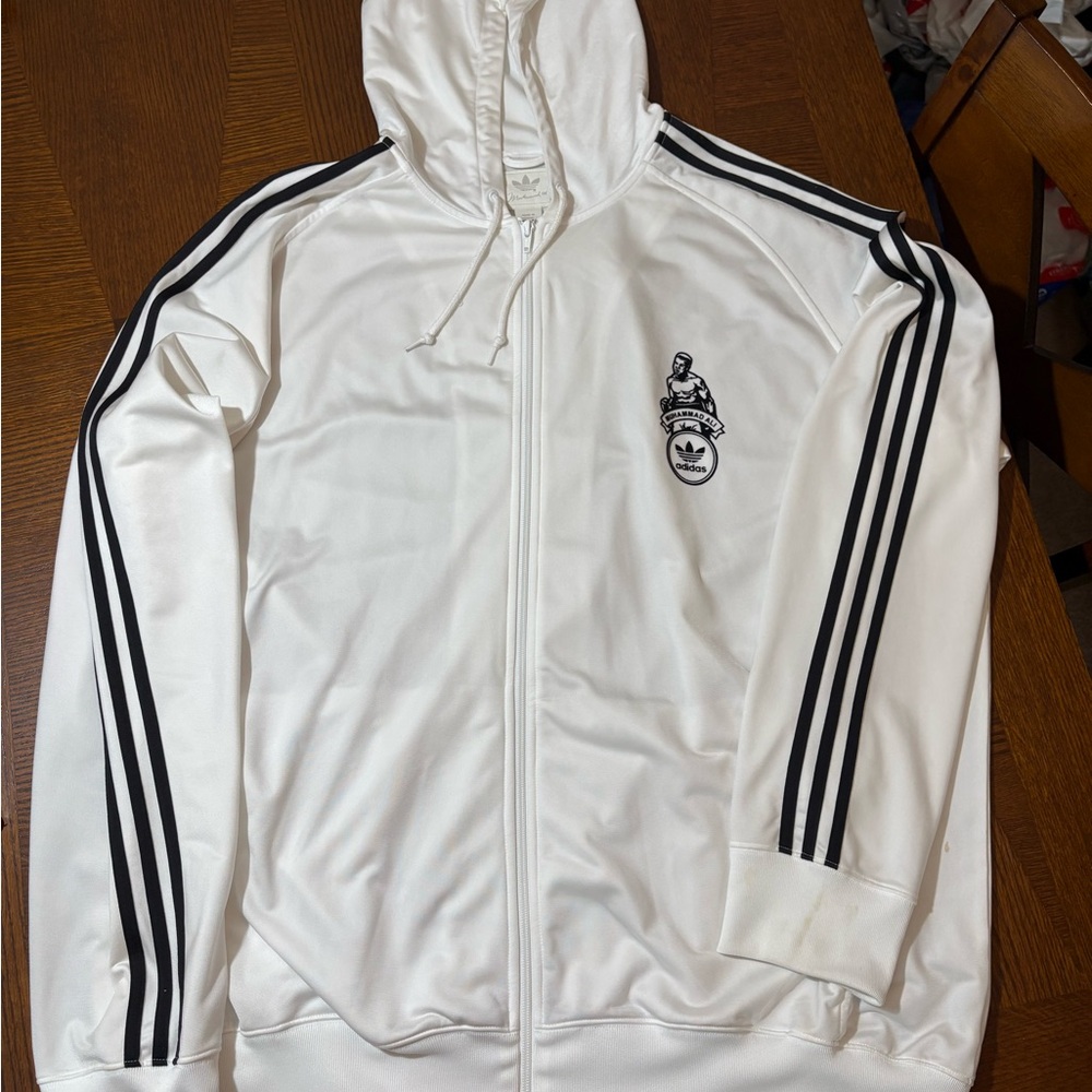 adidas Muhammed Ali White Zip-Up Hoodie Jacket with Black Three-Stripes